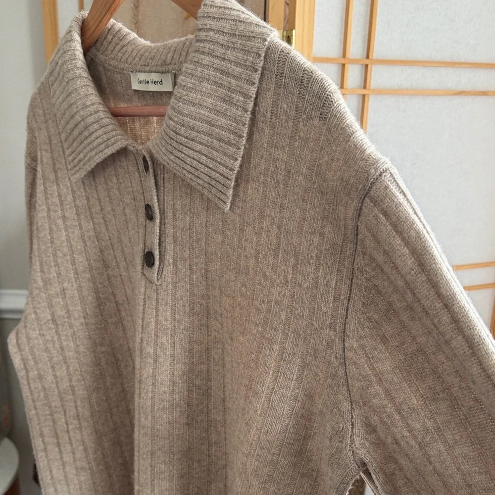 Gentle Herd Ribbed Collared Sweater Taupe Wool Blend Pullover Size L - Picture 4 of 14